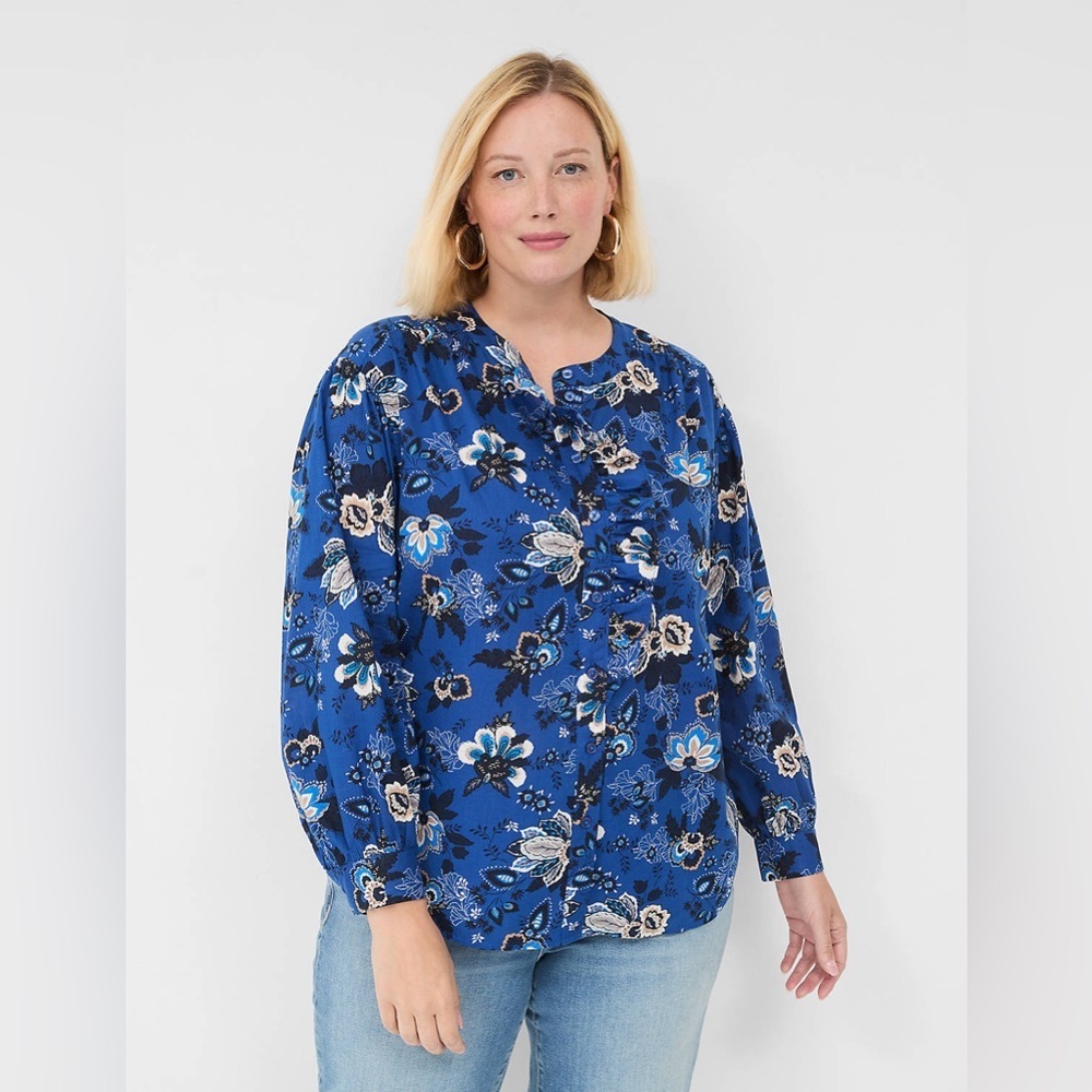 New Lane Bryant Blue Floral Ruffle Button Down Blouse Long Sleeve Cottage